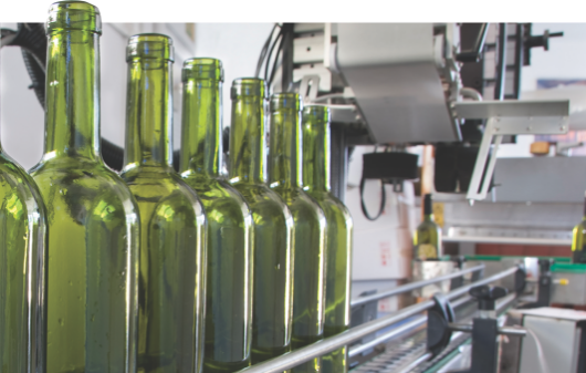 glass bottles on a conveyor line ready to be filled