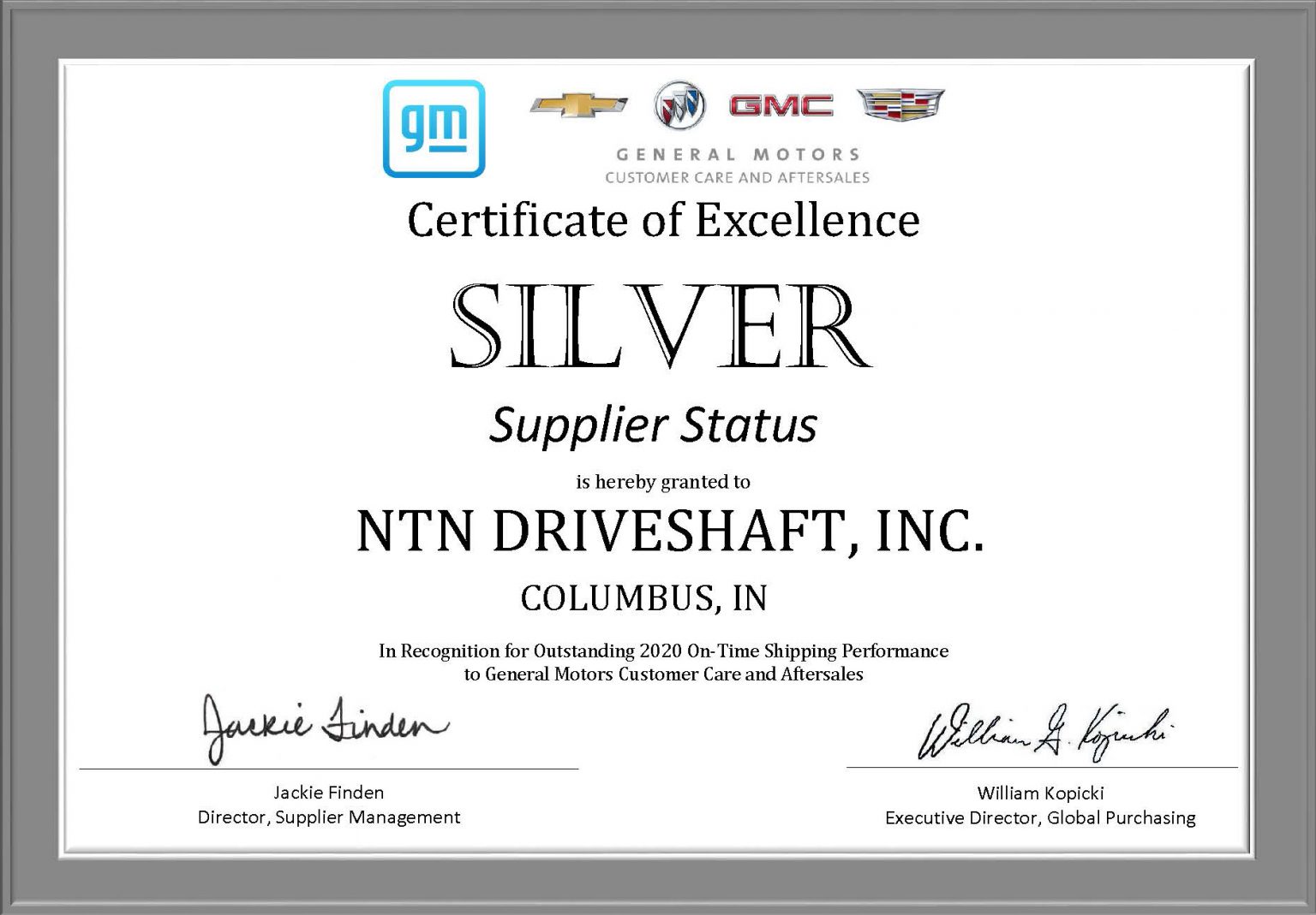 NTN Driveshaft, Inc. Receives 2020 GM Customer Care and Aftersales OnTime Shipping Award