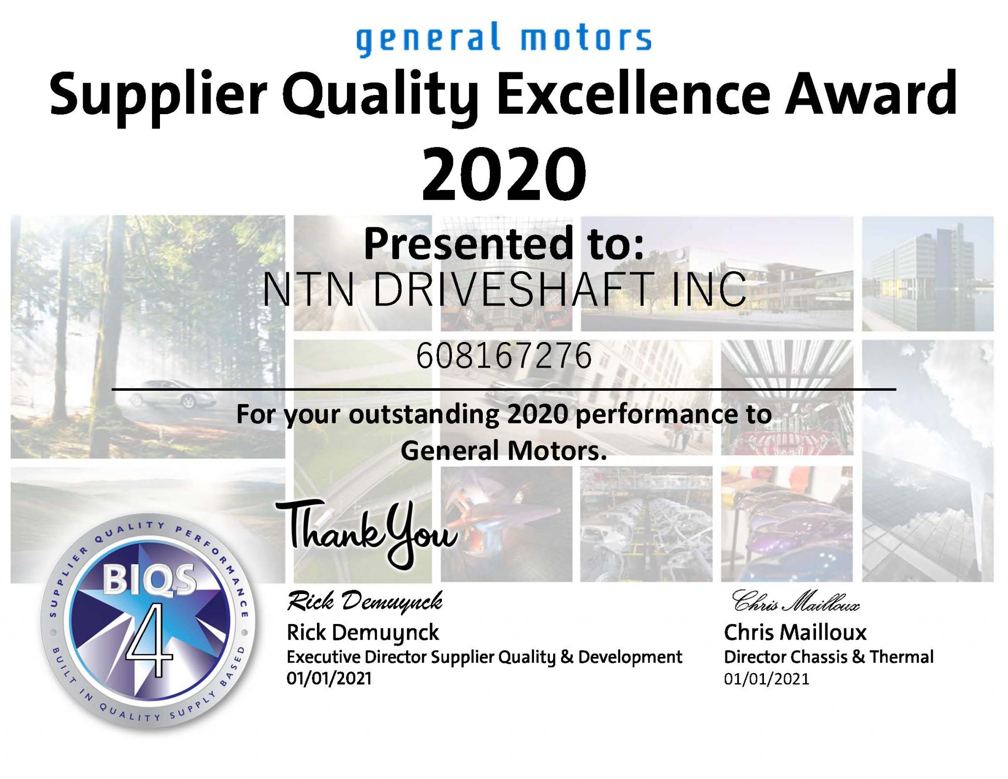 NTN Driveshaft, Inc. Recognized by General Motors Company for Third