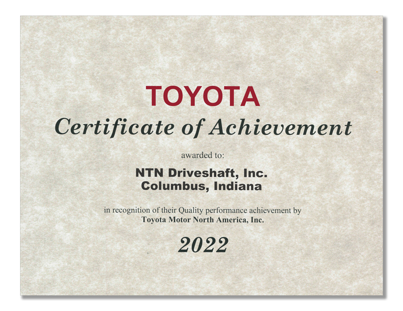 NTN Americas | NTN Recognized for Supplier Quality Excellence by Toyota