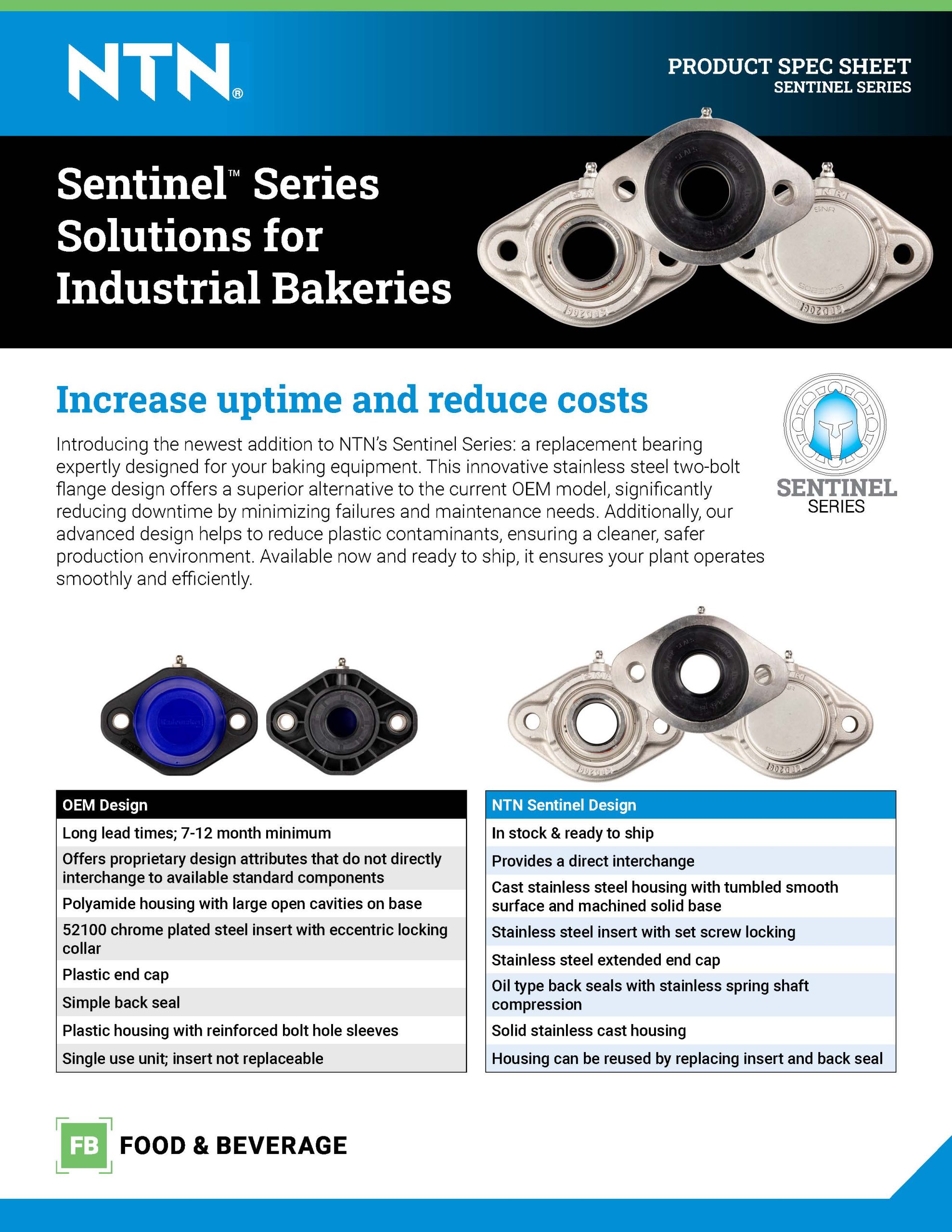 Flyer showing NTN Sentinel Series solutions for industrial bakeries